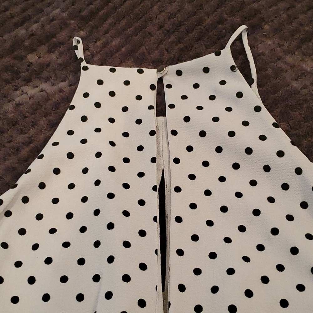 Tyche Polka Dot Spaghetti Strap Front Tie Flocked Romper. Size S, M, L - Picture 5 of 7